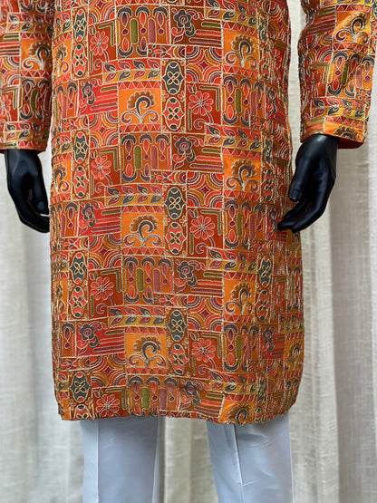 Traditional Multicolor Printed Cotton Silk Kurta with Geometric & Paisley Motifs