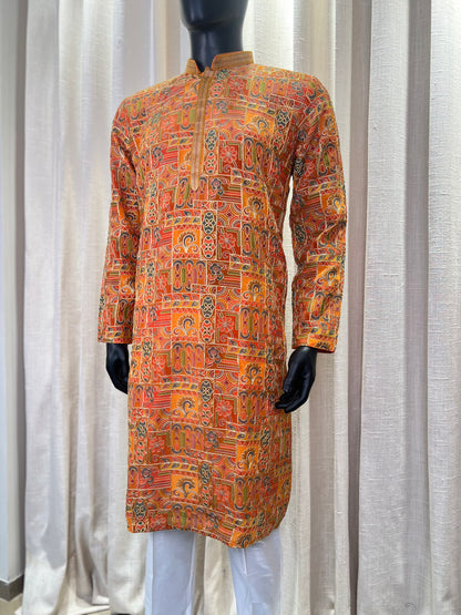 Traditional Multicolor Printed Cotton Silk Kurta with Geometric & Paisley Motifs