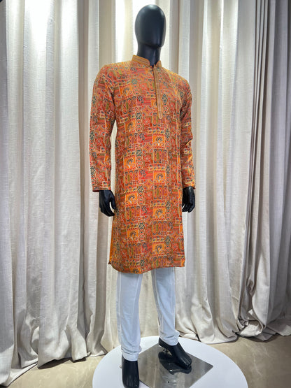 Traditional Multicolor Printed Cotton Silk Kurta with Geometric & Paisley Motifs