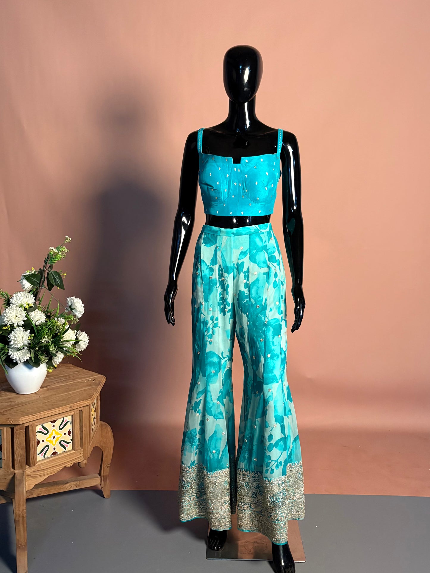 Turquoise Printed Bustier & Palazzo Set with Intricate Hand Embroidered Borders