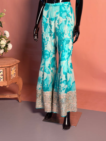 Turquoise Printed Bustier & Palazzo Set with Intricate Hand Embroidered Borders