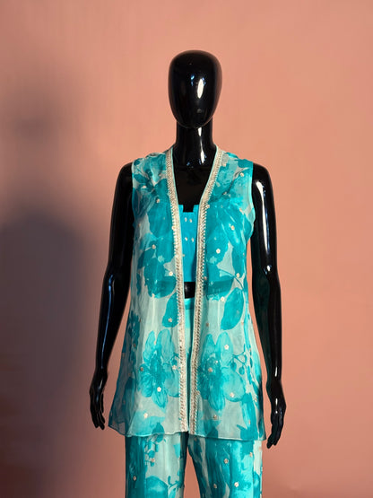 Turquoise Printed Bustier & Palazzo Set with Intricate Hand Embroidered Borders