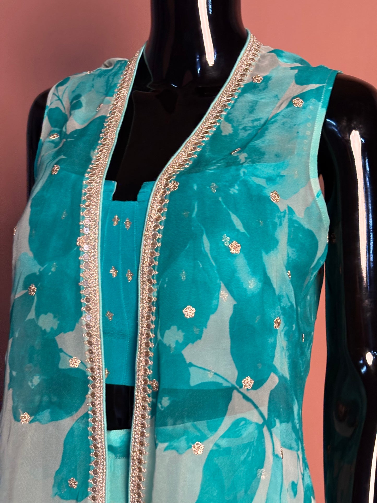 Turquoise Printed Bustier & Palazzo Set with Intricate Hand Embroidered Borders