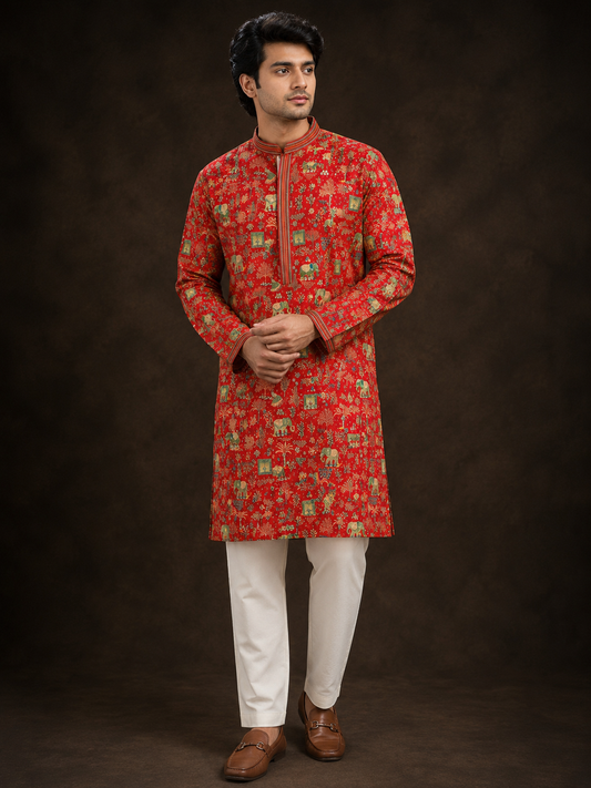 Vermilion Red Heritage Printed Kurta with Royal Elephant Motif