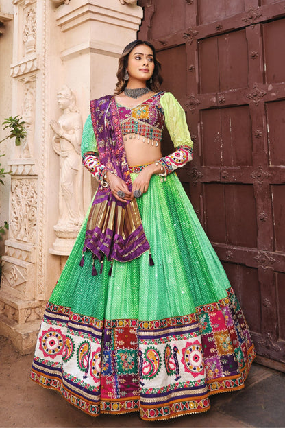 Vibrant Green Navratri Chaniya Choli with Traditional Kutch Embroidery & Sequence Work