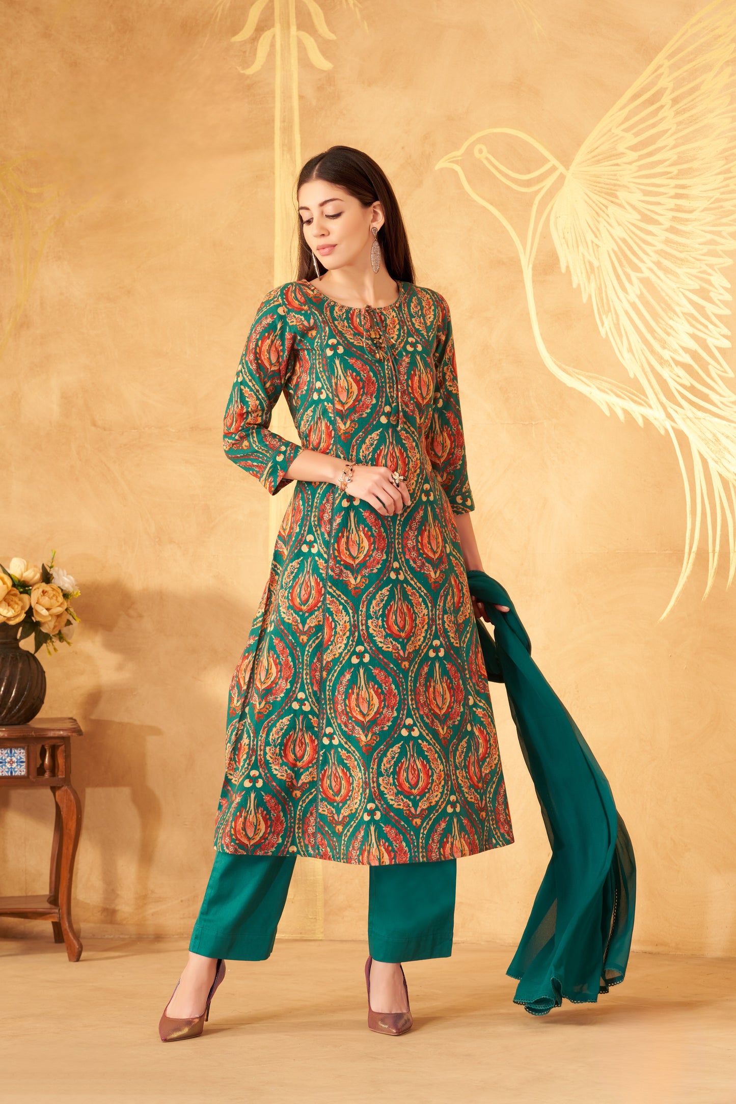 Vibrant Green Printed Kurti with Dupatta
