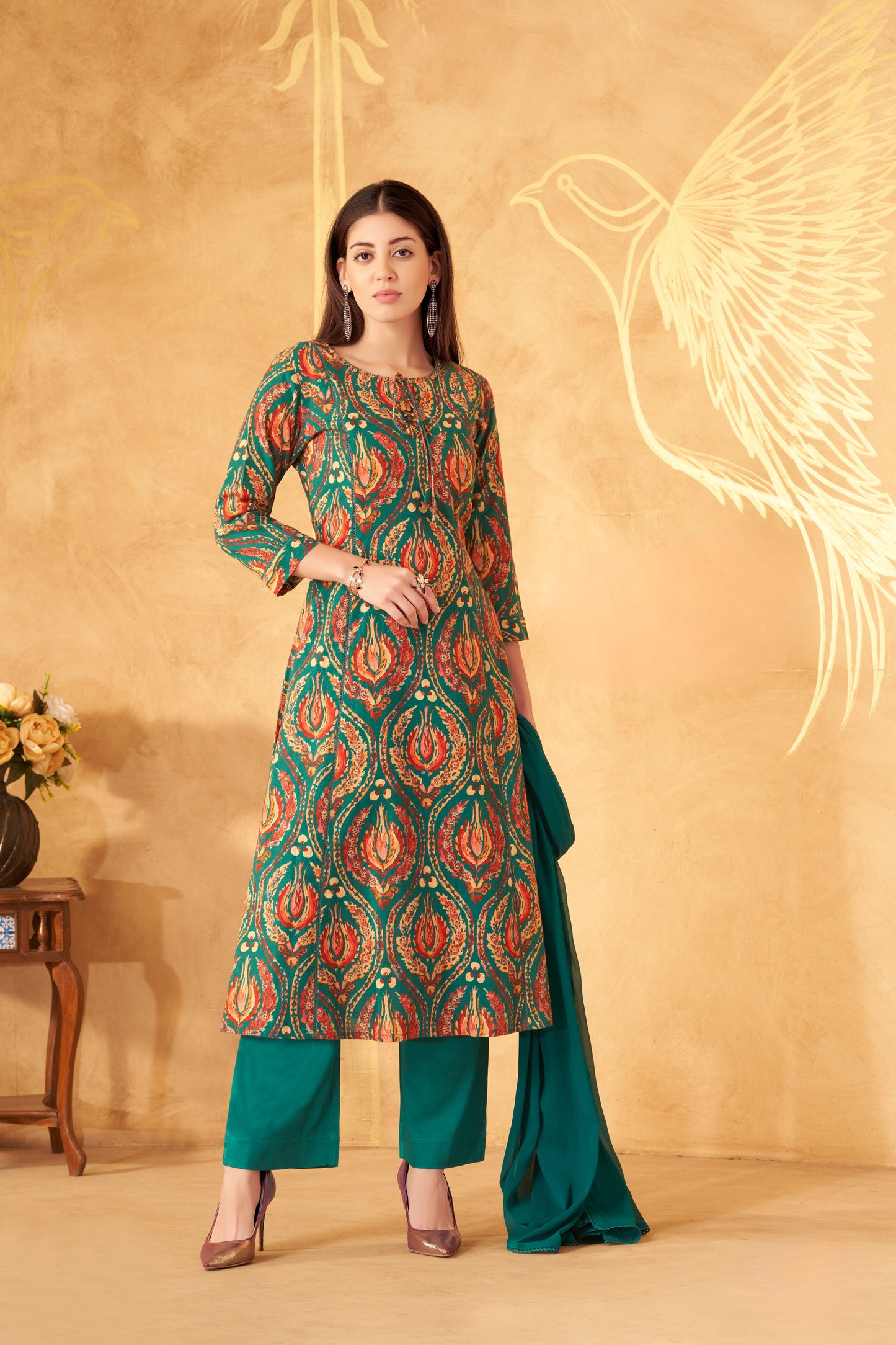 Vibrant Green Printed Kurti with Dupatta