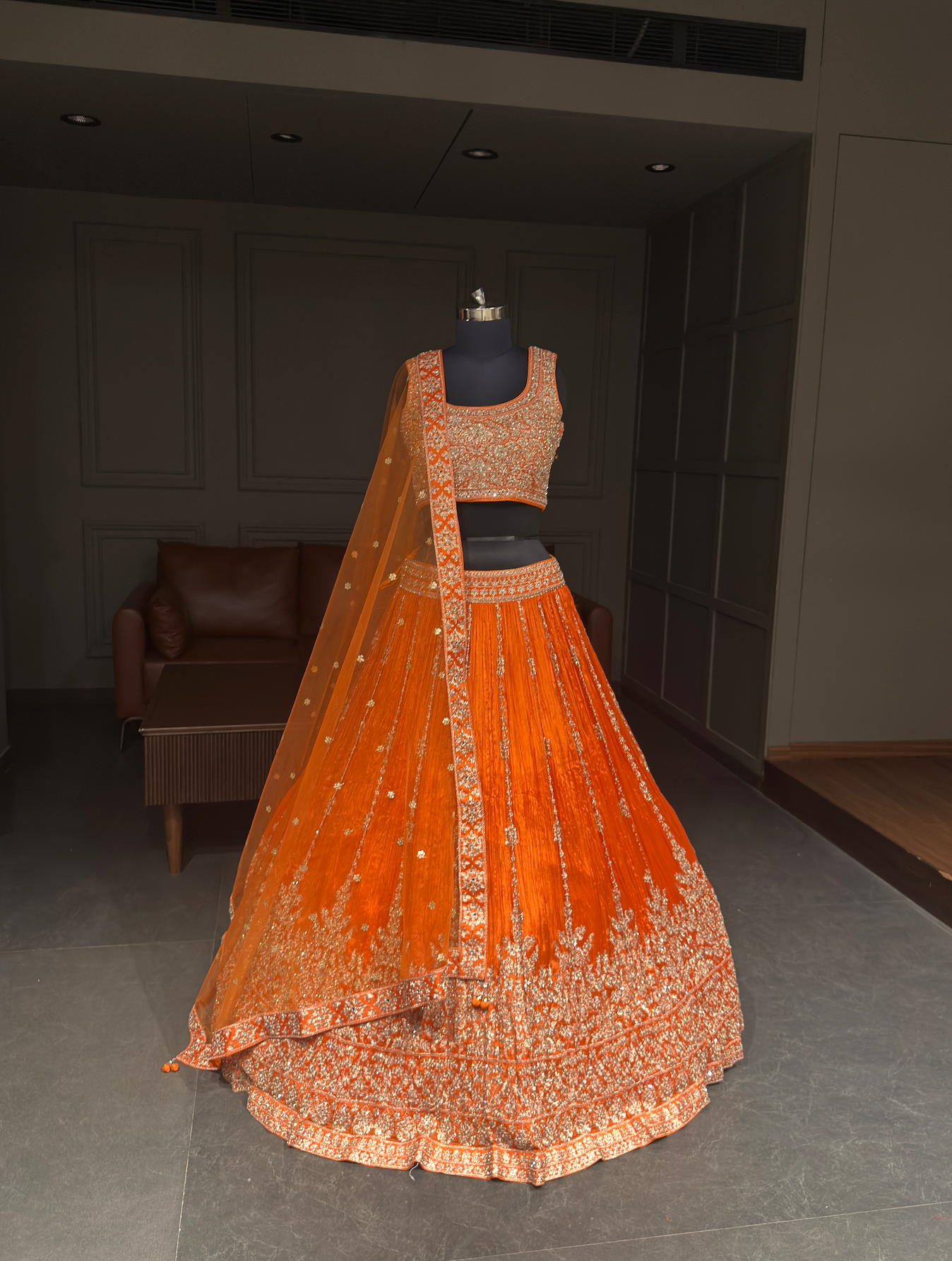 Vibrant Orange Embroidered Festive Lehenga Choli Set with Zari Work and Net Dupatta