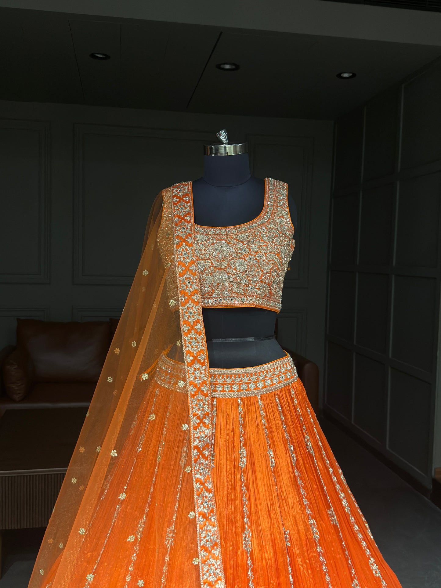 Vibrant Orange Embroidered Festive Lehenga Choli Set with Zari Work and Net Dupatta