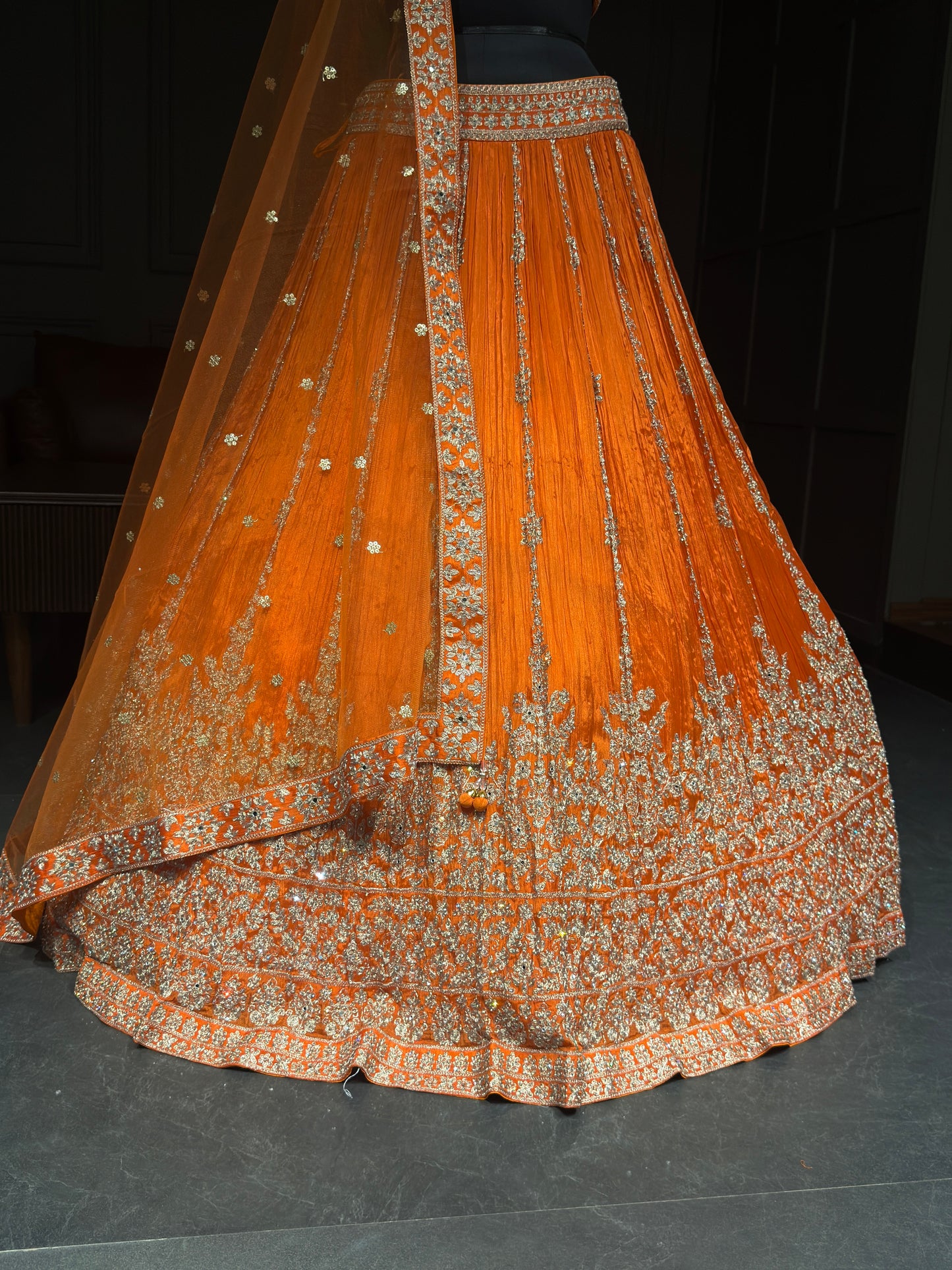 Vibrant Orange Embroidered Festive Lehenga Choli Set with Zari Work and Net Dupatta