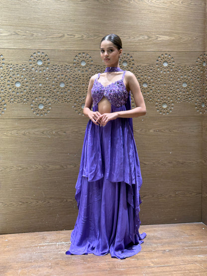 Violet Drape Gown with Embellished Corset Blouse