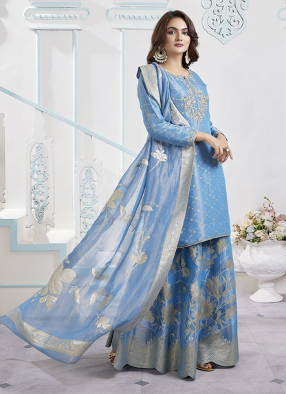 Wedding Wear Embroidered Light Blue Palazzo Suit