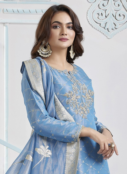 Wedding Wear Embroidered Light Blue Palazzo Suit
