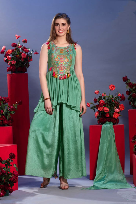 Green Bamberg Silk Sharara set