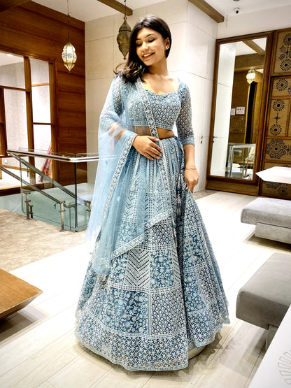 Peach Blue Diamond worked Lehenga Set