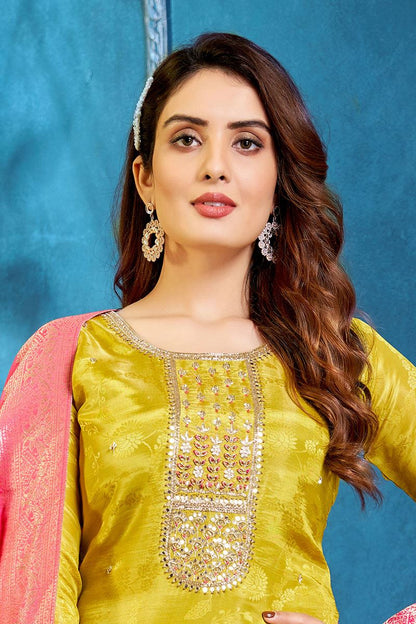 Lemon Yellow Silk Printed Kurti Pant Set with Dupatta