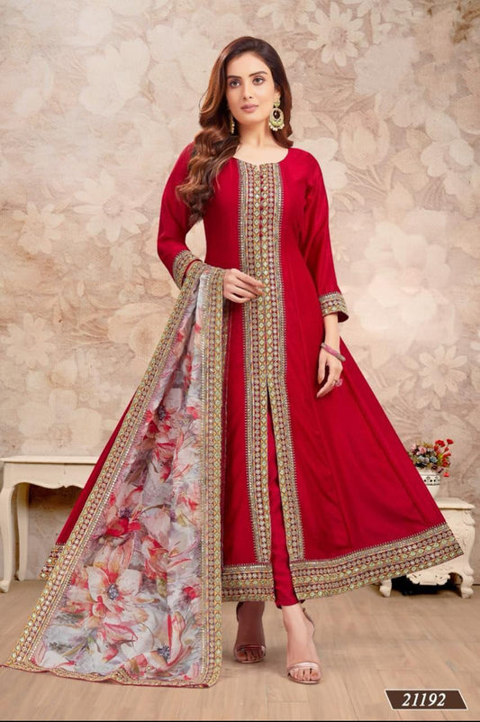Red Center Cut Anarkali Set