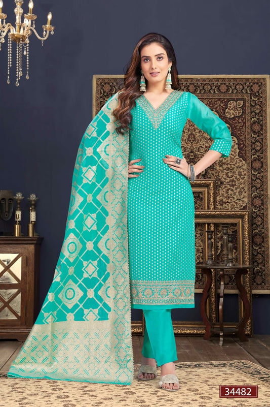 Sky Blue Kurti Pant Set with Printed Dupatta