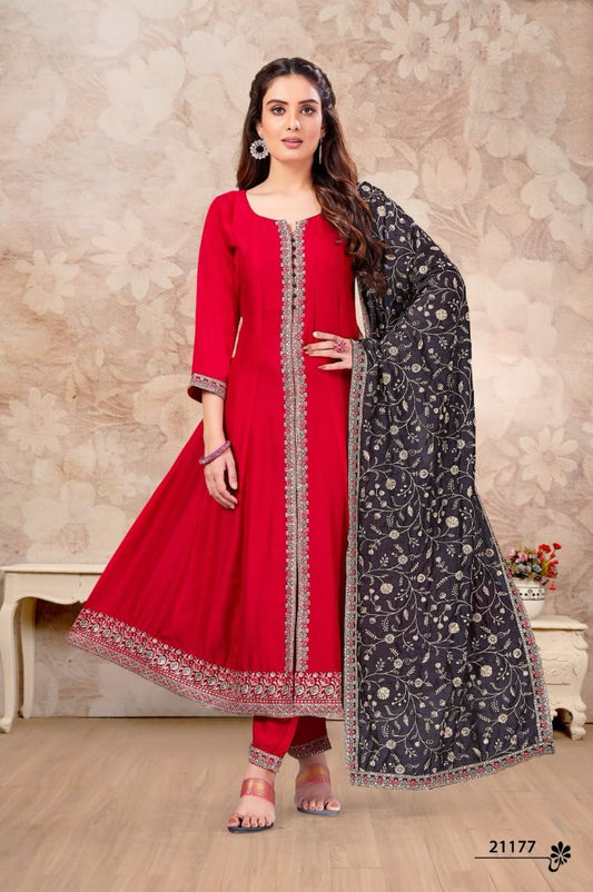 Red Center Cut Anarkali Set