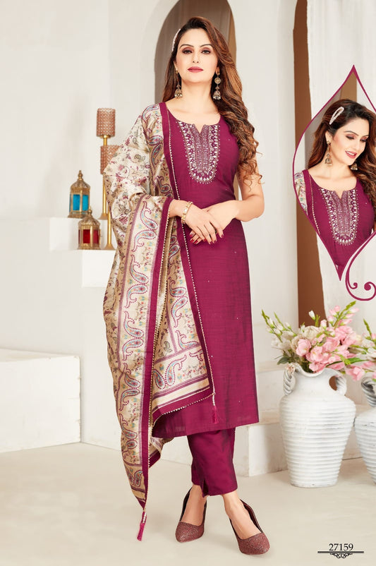 Wine-Coloured Kurti Pant Set with Contrast Dupatta