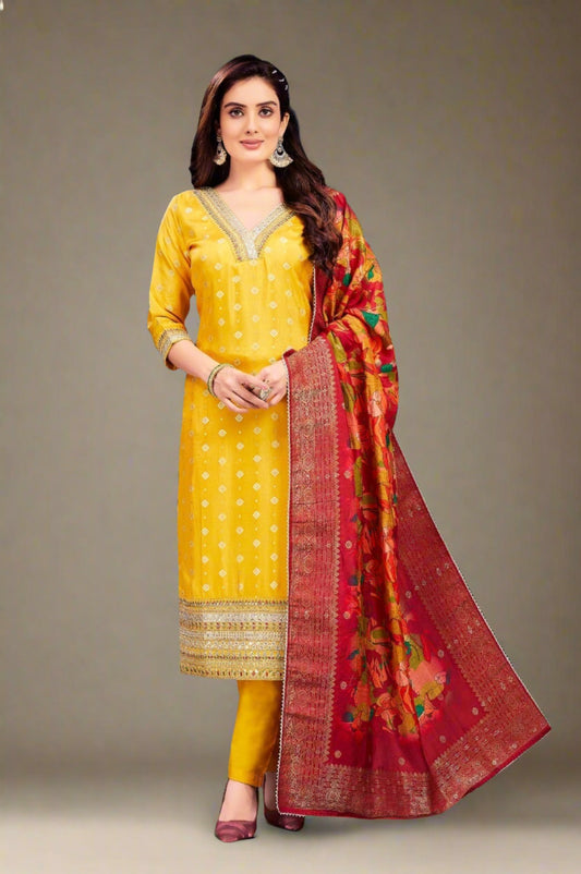 Mustard Yellow Kurti Pant Set with Contrast Dupatta