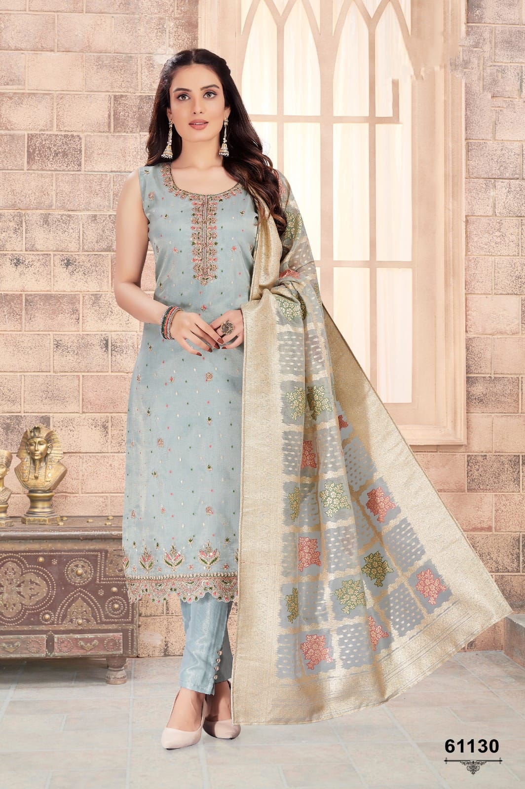Gray Silk Printed Kurti Pant Set with Dupatta
