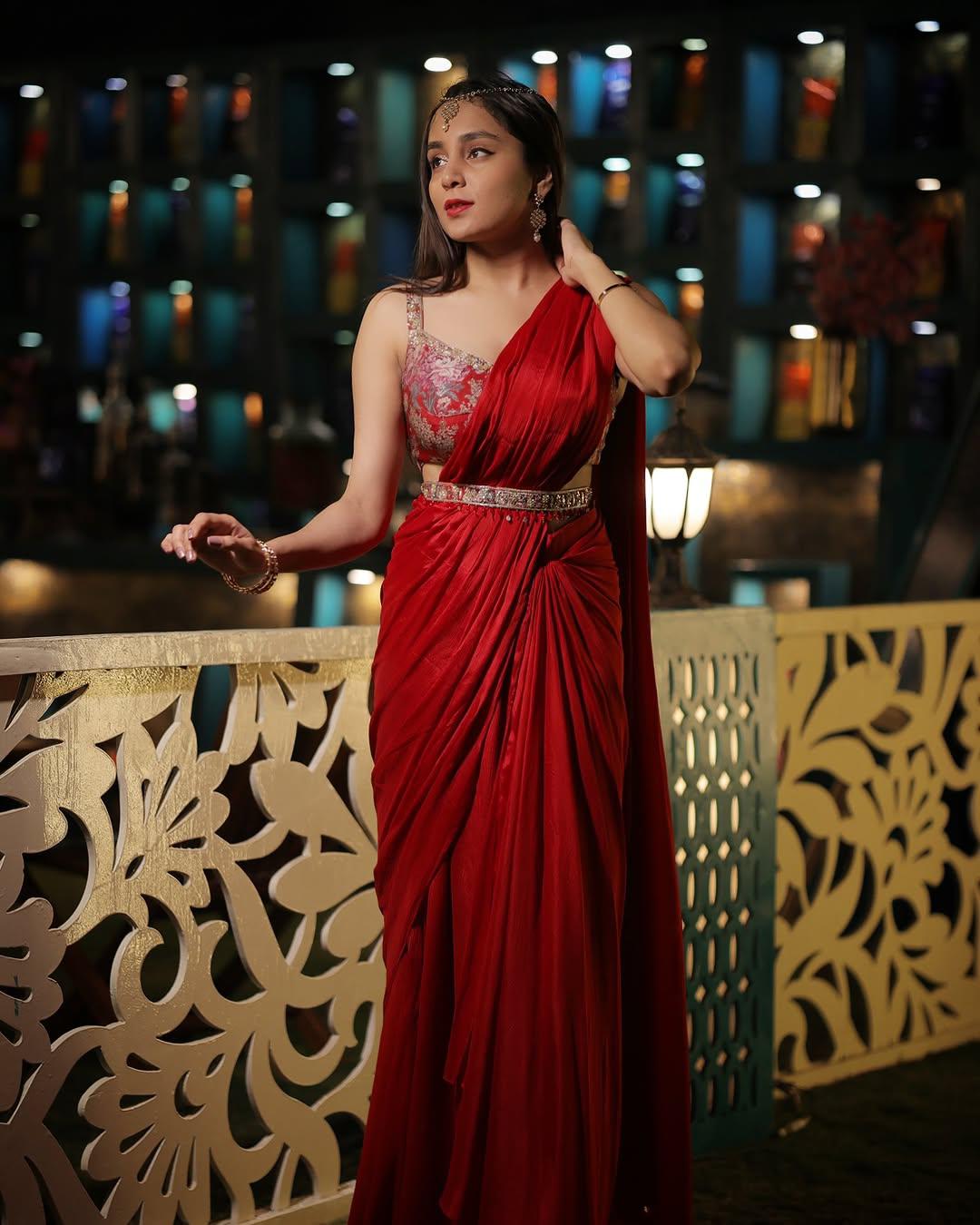 Red Silk Saree with Printed Blouse