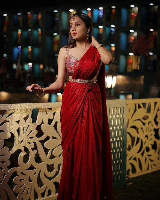 Red Silk Saree with Printed Blouse