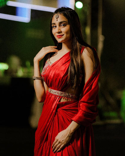 Red Silk Saree with Printed Blouse
