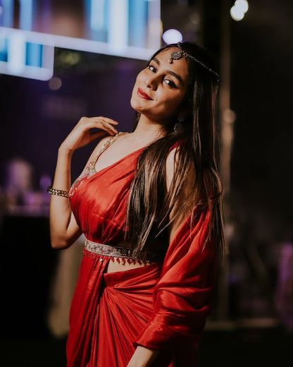 Red Silk Saree with Printed Blouse