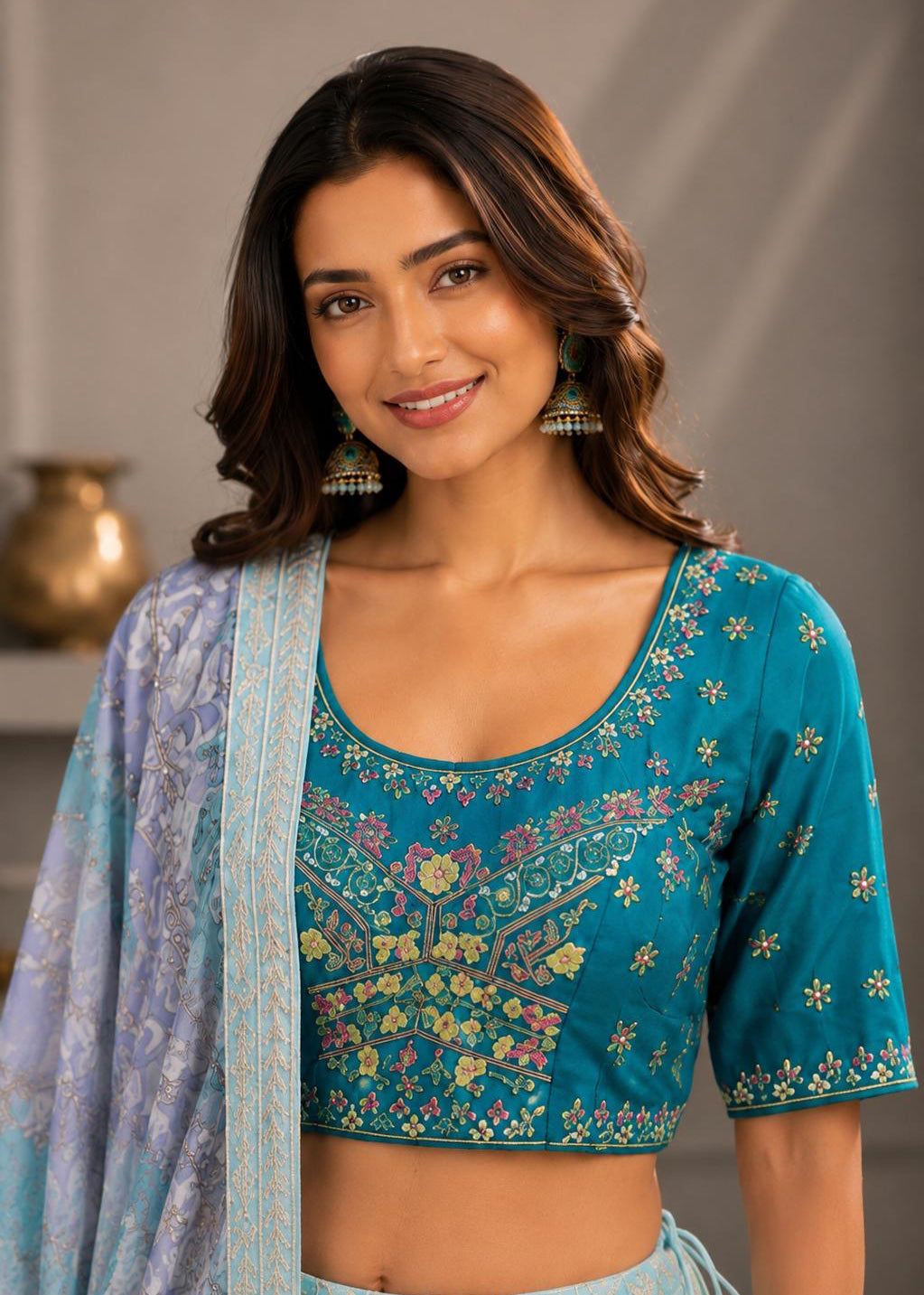 Turquoise Blue & Ice Blue Printed Lehenga Choli Set with Floral Embroidery, Dupatta & Tassel Details | Festive Wear