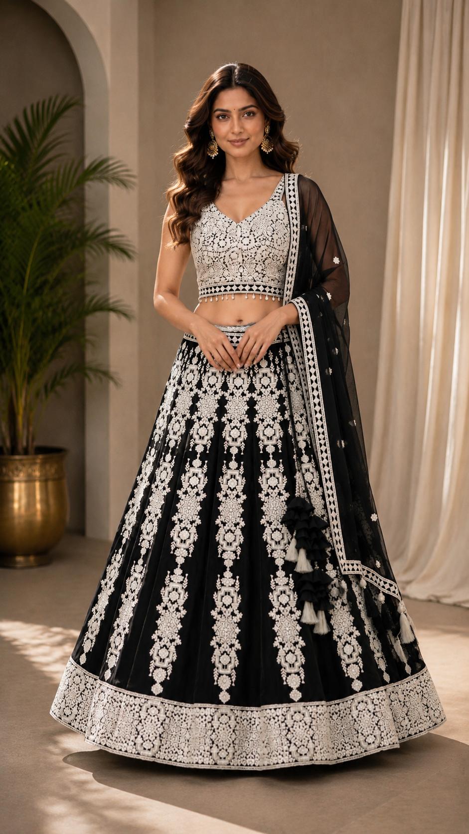 Black & White Designer Lehenga Choli with Intricate Floral Embroidery, Sheer Dupatta & Tassel Details | Wedding & Festive Wear