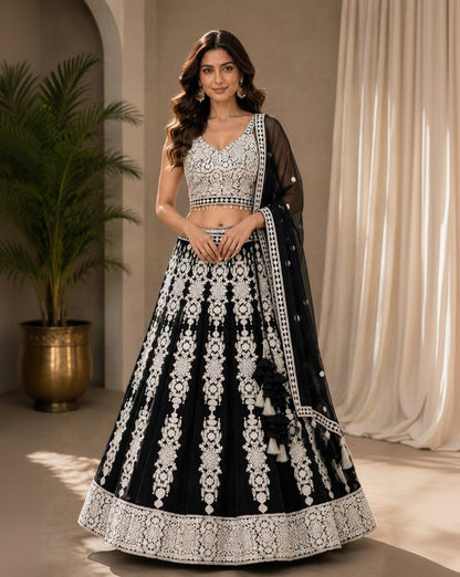 Black & White Designer Lehenga Choli with Intricate Floral Embroidery, Sheer Dupatta & Tassel Details | Wedding & Festive Wear