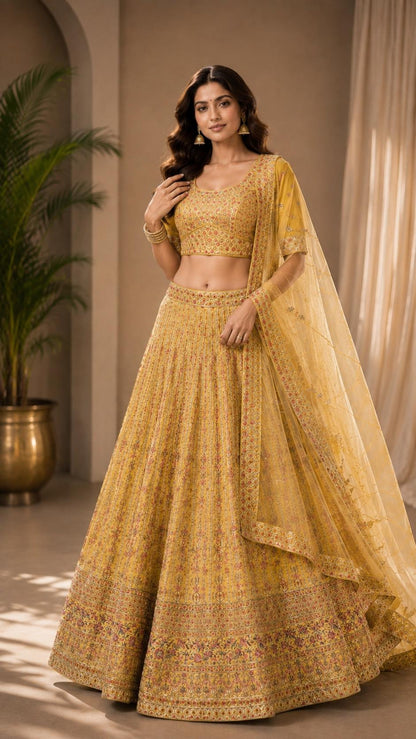 Mustard Yellow Embroidered Lehenga Choli Set with Floral Pattern & Designer Dupatta | Festive & Wedding Wear