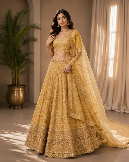 Mustard Yellow Embroidered Lehenga Choli Set with Floral Pattern & Designer Dupatta | Festive & Wedding Wear
