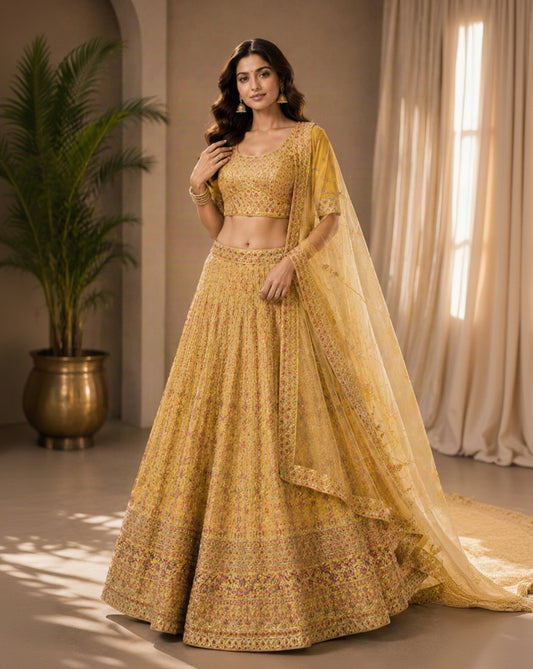 Mustard Yellow Embroidered Lehenga Choli Set with Floral Pattern & Designer Dupatta | Festive & Wedding Wear