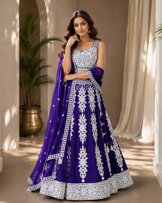 Royal Purple & White Printed Lehenga Choli with Dupatta