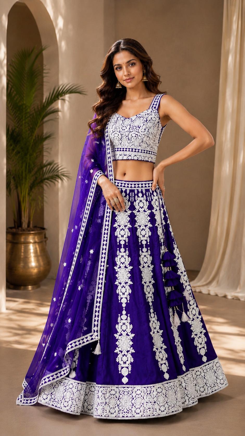 Royal Purple & White Printed Lehenga Choli with Dupatta