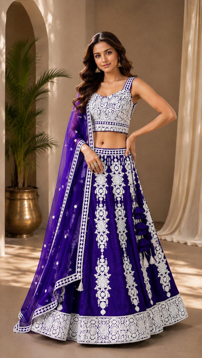 Royal Purple & White Printed Lehenga Choli with Dupatta