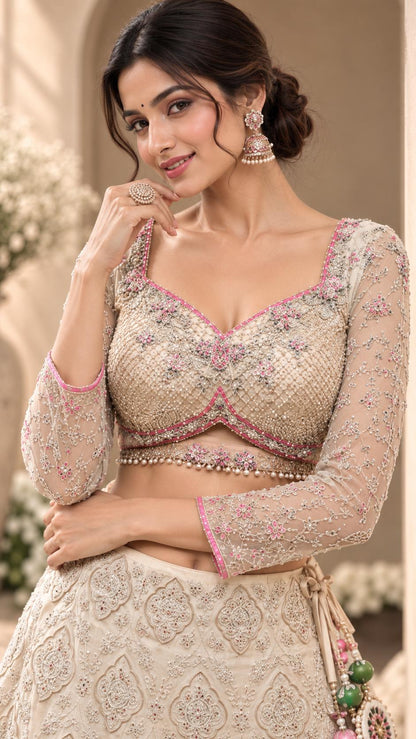 Ivory Cream Embroidered Lehenga Choli Set with Pink Floral Motifs, Sheer Embellished Blouse & Statement Tassels | Wedding Wear