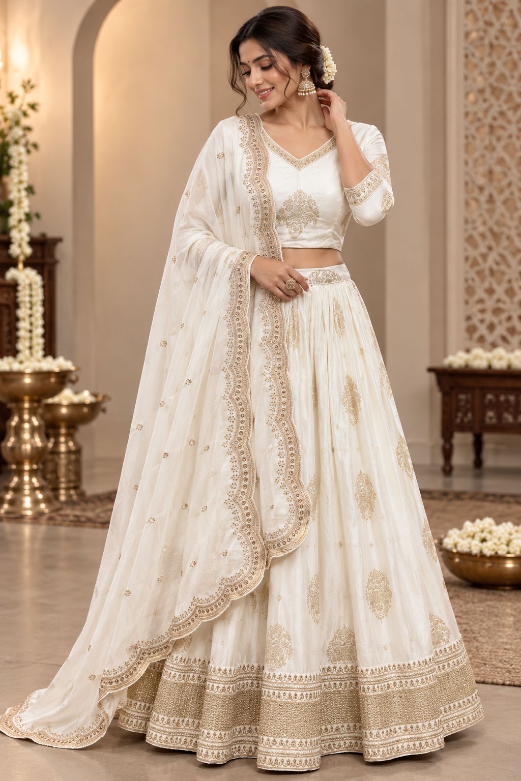 Ivory White Embroidered Lehenga Choli Set with Golden Zari Work, Traditional Motifs & Scalloped Dupatta | Wedding & Festive Wear