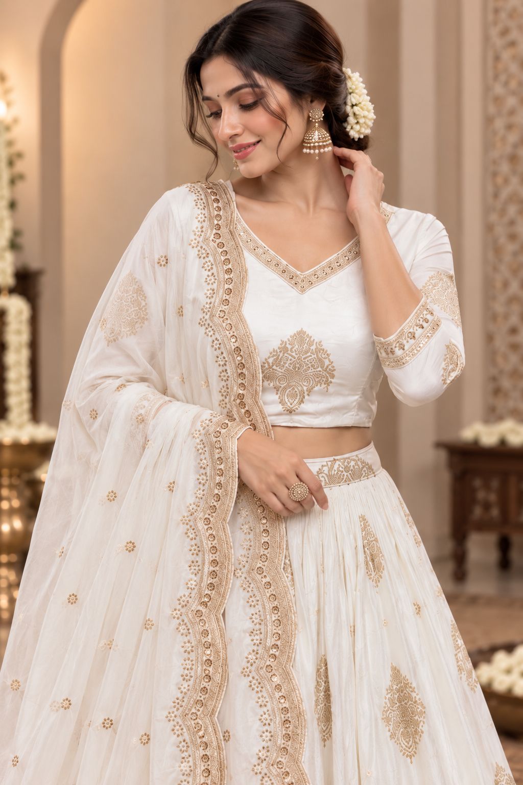 Ivory White Embroidered Lehenga Choli Set with Golden Zari Work, Traditional Motifs & Scalloped Dupatta | Wedding & Festive Wear