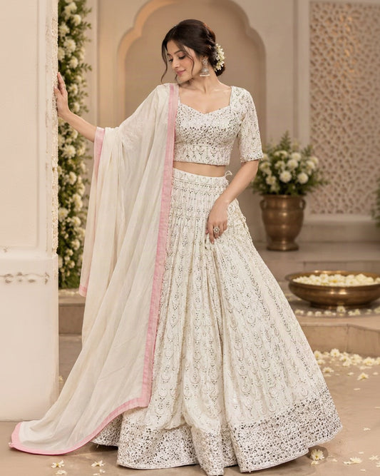 Ivory White Embroidered Lehenga Choli Set with Sequin Work, Vertical Motifs & Pink Border Dupatta | Wedding & Festive Wear