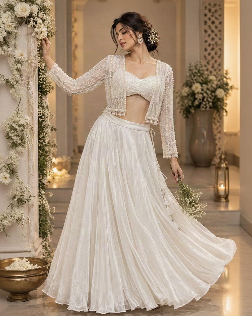 White Designer Lehenga Choli Set with Pearl Embellished Blouse, Sheer Lace Jacket & Flared Skirt | Elegant Festive Wear