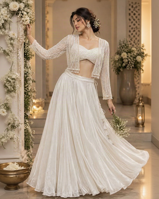 White Designer Lehenga Choli Set with Pearl Embellished Blouse, Sheer Lace Jacket & Flared Skirt | Elegant Festive Wear