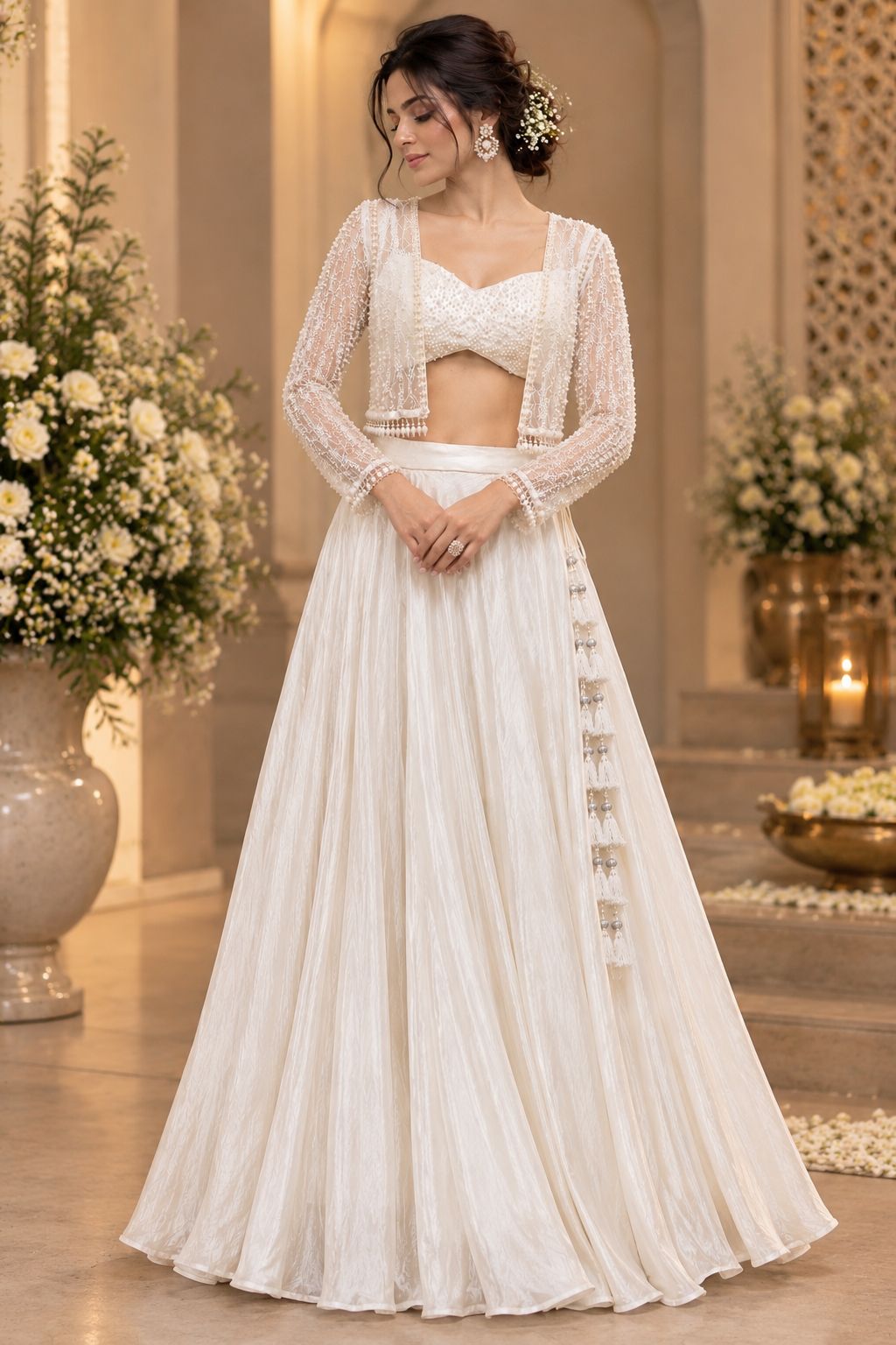White Designer Lehenga Choli Set with Pearl Embellished Blouse, Sheer Lace Jacket & Flared Skirt | Elegant Festive Wear