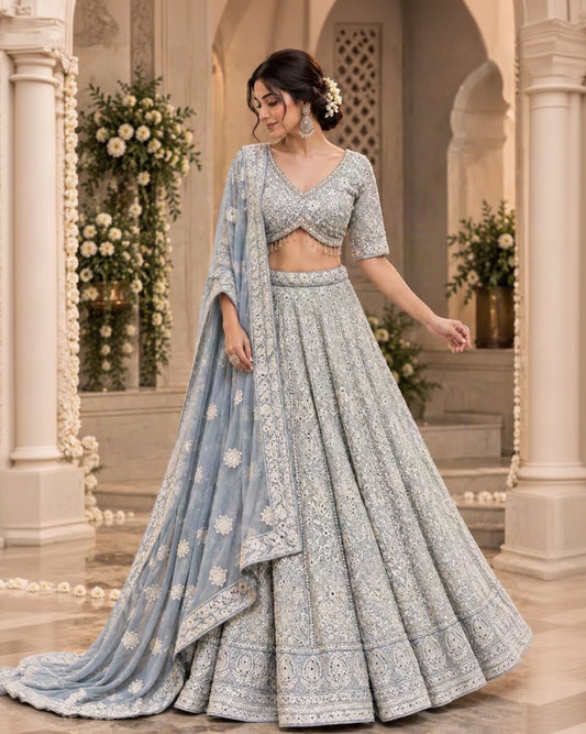 Powder Blue Embroidered Lehenga Choli Set with Intricate Paisley Work, Mirror Details & Matching Dupatta | Wedding & Festive Wear