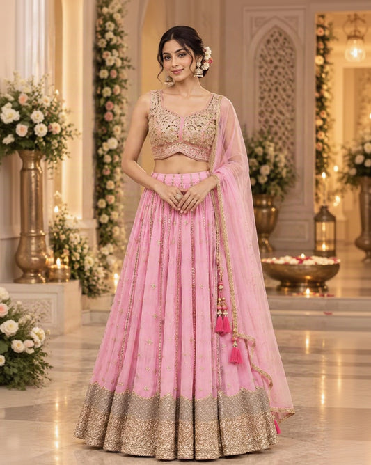 Pastel Pink Embroidered Lehenga Choli Set with Gold Zari Work, Sequin Detailing, Sheer Dupatta & Tassels | Wedding & Festive Wear