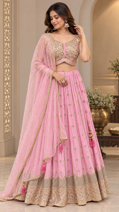 Pastel Pink Embroidered Lehenga Choli Set with Gold Zari Work, Sequin Detailing, Sheer Dupatta & Tassels | Wedding & Festive Wear