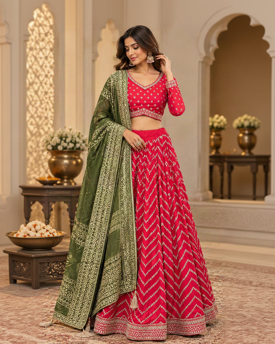 Rani Pink & Olive Green Designer Lehenga Choli Set with Chevron Sequin Work, Printed Dupatta & Intricate Border | Festive & Wedding Wear
